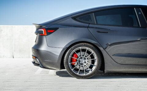 2024 Tesla Model 3 Performance Stealth Grey 19 inch satin titanium UP-03 forged wheels Moderate Lowering Springs Unplugged Performance 1920px Image (1)