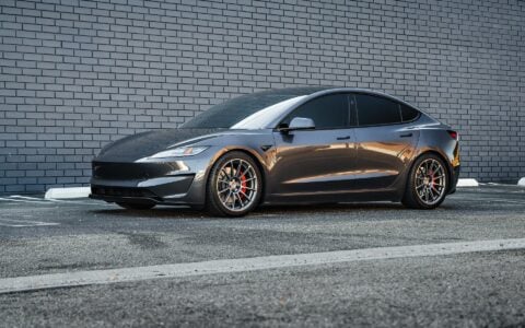 2024 Tesla Model 3 Performance Stealth Grey 19 inch satin titanium UP-03 forged wheels Moderate Lowering Springs Unplugged Performance 1920px Image (11)