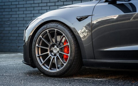 2024 Tesla Model 3 Performance Stealth Grey 19 inch satin titanium UP-03 forged wheels Moderate Lowering Springs Unplugged Performance 1920px Image (14)