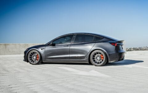 2024 Tesla Model 3 Performance Stealth Grey 19 inch satin titanium UP-03 forged wheels Moderate Lowering Springs Unplugged Performance 1920px Image (4)