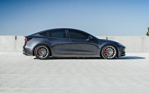 2024 Tesla Model 3 Performance Stealth Grey 19 inch satin titanium UP-03 forged wheels Moderate Lowering Springs Unplugged Performance 1920px Image (6)