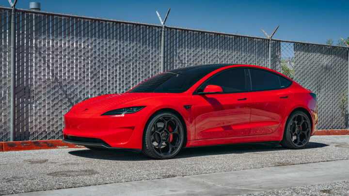 Bright Red 2024 Tesla Model 3 Performance 20 inch UP-05 Wheels in Gloss Black