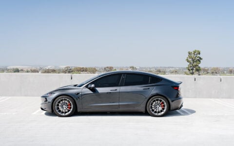 Stealth Grey 2024 Tesla Model 3 Performance with OEM Suspension on 19 Inch UP-03 Forged Wheels in Satin Titanium