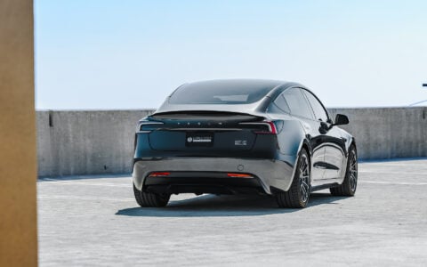 Stealth Grey 2024 Tesla Model 3 Performance with OEM Suspension on 19 Inch UP-03 Forged Wheels in Satin Titanium