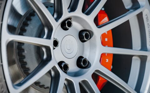 Stealth Grey 2024 Tesla Model 3 Performance with OEM Suspension on 19 Inch UP-03 Forged Wheels in Satin Titanium