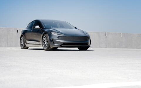 Stealth Grey 2024 Tesla Model 3 Performance with OEM Suspension on 19 Inch UP-03 Forged Wheels in Satin Titanium