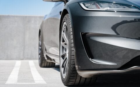 Stealth Grey 2024 Tesla Model 3 Performance with OEM Suspension on 19 Inch UP-03 Forged Wheels in Satin Titanium
