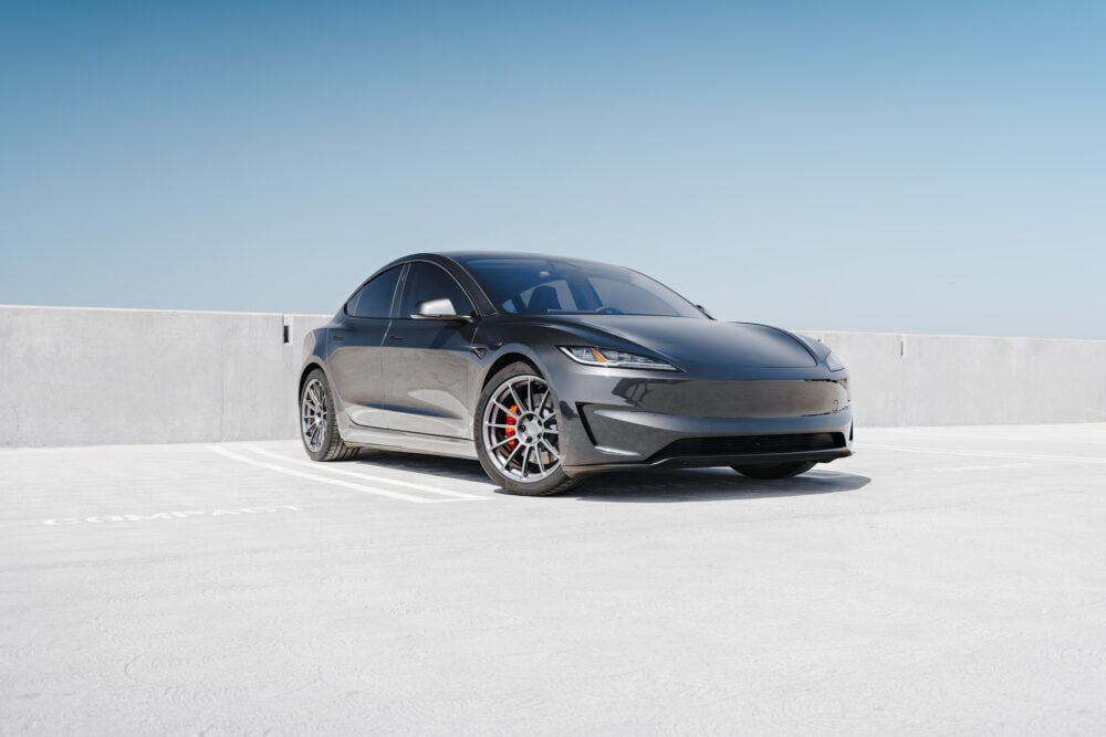 Stealth Grey 2024 Tesla Model 3 Performance with OEM Suspension on 19 Inch UP-03 Forged Wheels in Satin Titanium