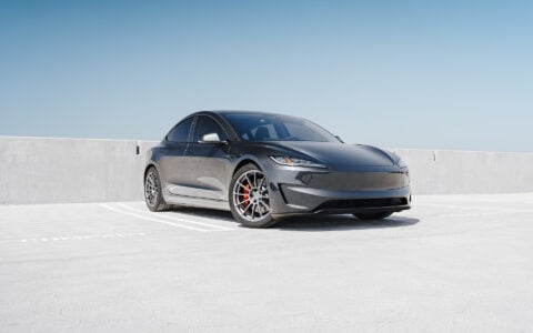 Stealth Grey 2024 Tesla Model 3 Performance with OEM Suspension on 19 Inch UP-03 Forged Wheels in Satin Titanium