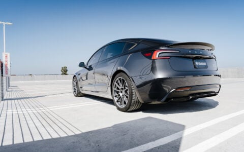 Stealth Grey 2024 Tesla Model 3 Performance with OEM Suspension on 19 Inch UP-03 Forged Wheels in Satin Titanium