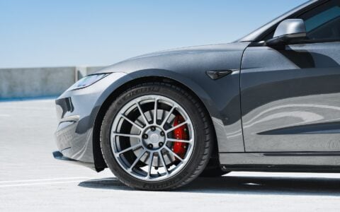 Stealth Grey 2024 Tesla Model 3 Performance with OEM Suspension on 19 Inch UP-03 Forged Wheels in Satin Titanium