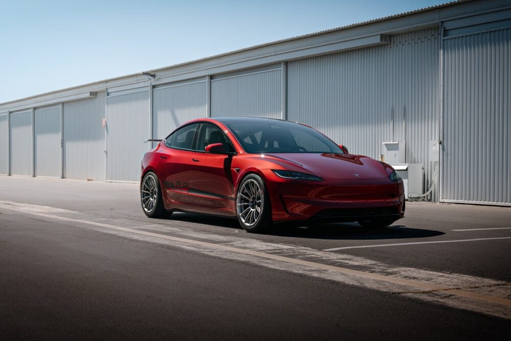 Ultra Red Tesla Model 3 Performance – UP-03 Pikes Peak Spec Forged Wheels in Custom Finish