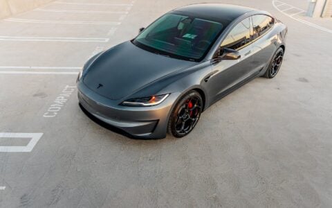 Bird's eye view of a Quicksilver Tesla Model 3 Performance parked with UP-05 Forged Wheels.