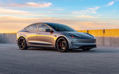 Quicksilver Tesla Model 3 Performance parked with UP-05 Forged Wheels.