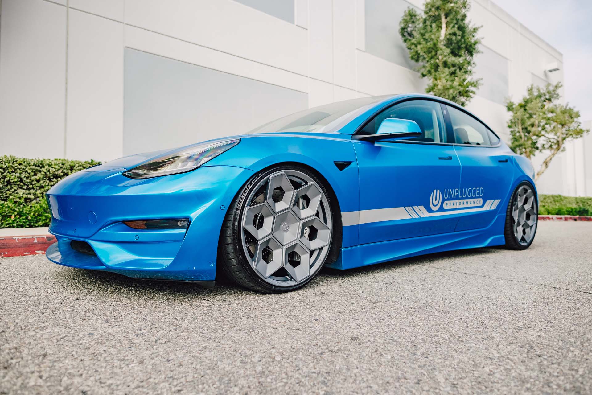 Metallic Blue Tesla Model 3 – UP CYBRHEX Forged Wheels