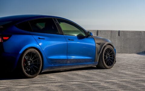 Blue Tesla Model 3 - Carbon Fiber Fenders, Front Lip Spoiler, UP-03 Aftermarket Wheels (10)