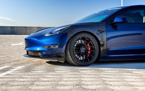 Blue Tesla Model 3 - Carbon Fiber Fenders, Front Lip Spoiler, UP-03 Aftermarket Wheels (15)
