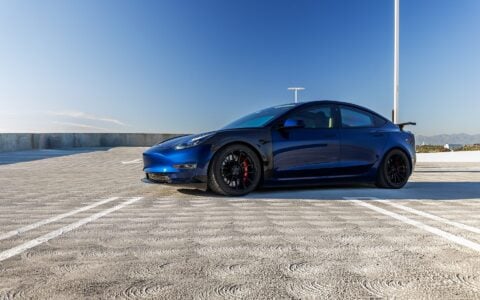 Blue Tesla Model 3 - Carbon Fiber Fenders, Front Lip Spoiler, UP-03 Aftermarket Wheels (16)