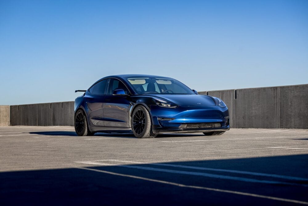 Blue Tesla Model 3 – UP-03 Forged Wheels in Gloss Black