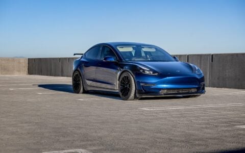Blue Tesla Model 3 - Carbon Fiber Fenders, Front Lip Spoiler, UP-03 Aftermarket Wheels (5)