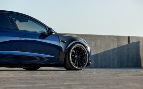 Blue Tesla Model 3 - Carbon Fiber Fenders, Front Lip Spoiler, UP-03 Aftermarket Wheels (7)