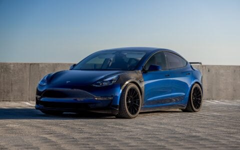 Blue Tesla Model 3 - Carbon Fiber Fenders, Front Lip Spoiler, UP-03 Aftermarket Wheels, Dual Rear Spoiler Set (1)