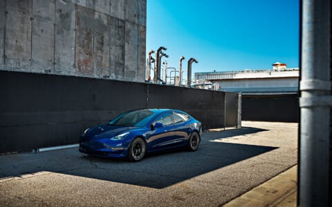 Blue Tesla Model 3 on 20 Inch UP Forged UP-RW Road Warrior Wheels