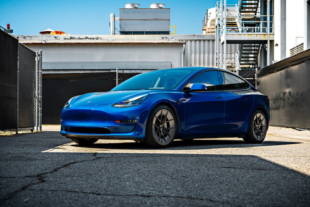 Blue Tesla Model 3 on 20 Inch UP Forged UP-RW Road Warrior Wheels