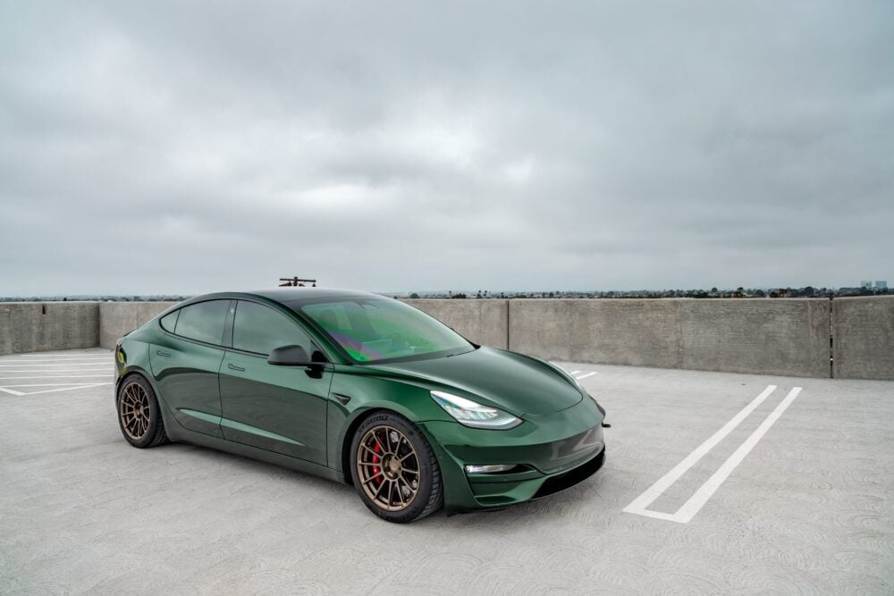 Green Tesla Model 3 – UP-03 Forged Wheels in Satin Bronze