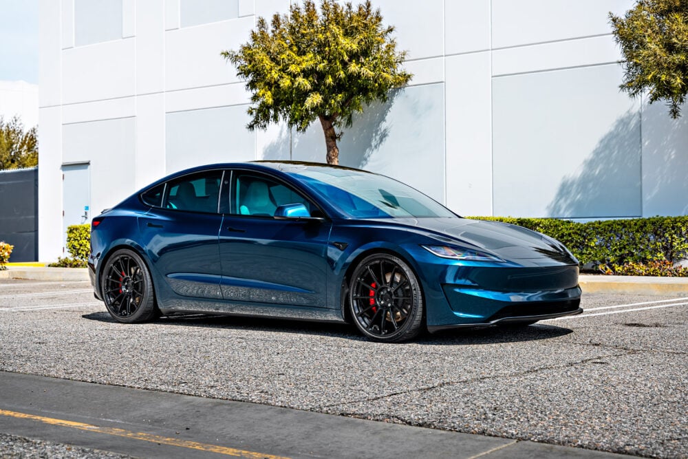 KPMF Gloss Excelsior Blue Wrapped 2024 Tesla Model 3 – UP-03 Forged Wheels in Gloss Black