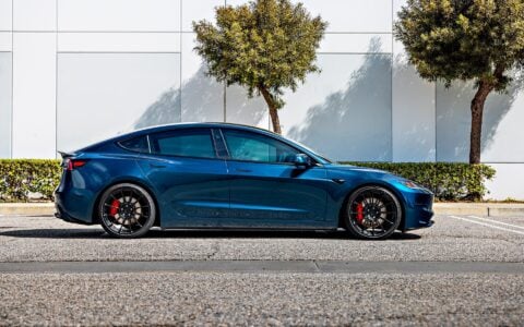 KPMF Gloss Excelsior Blue Wrapped 2024 Tesla Model 3 - UP-03 Forged Wheels in Gloss Black