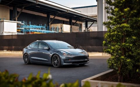 Lowered Gray Tesla Model 3 on UP x BBS Flugplatz Wheels in Astroid Gray