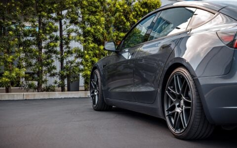 Lowered Gray Tesla Model 3 on UP x BBS Flugplatz Wheels in Astroid Gray