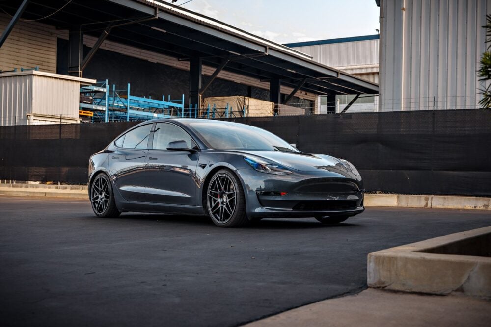 Lowered Gray Tesla Model 3 on UP x BBS Flugplatz Wheels in Asteroid Graphite