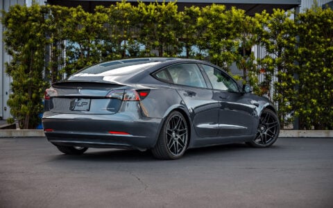 Lowered Gray Tesla Model 3 on UP x BBS Flugplatz Wheels in Astroid Gray