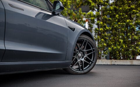 Lowered Gray Tesla Model 3 on UP x BBS Flugplatz Wheels in Astroid Gray