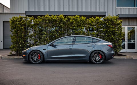 Lowered Gray Tesla Model 3 on UP x BBS Flugplatz Wheels in Astroid Gray