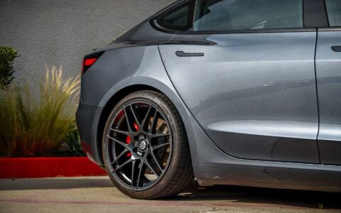 Lowered Gray Tesla Model 3 on UP x BBS Flugplatz Wheels in Astroid Gray