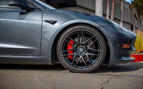 Lowered Gray Tesla Model 3 on UP x BBS Flugplatz Wheels in Astroid Gray