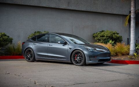 Lowered Gray Tesla Model 3 on UP x BBS Flugplatz Wheels in Astroid GrayLowered Gray Tesla Model 3 on UP x BBS Flugplatz Wheels in Astroid Gray