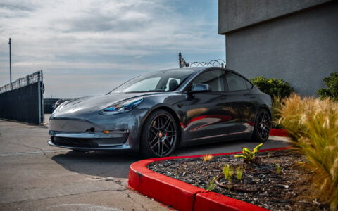 Lowered Gray Tesla Model 3 on UP x BBS Flugplatz Wheels in Astroid Gray