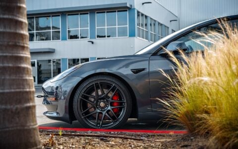 Lowered Gray Tesla Model 3 on UP x BBS Flugplatz Wheels in Astroid Gray