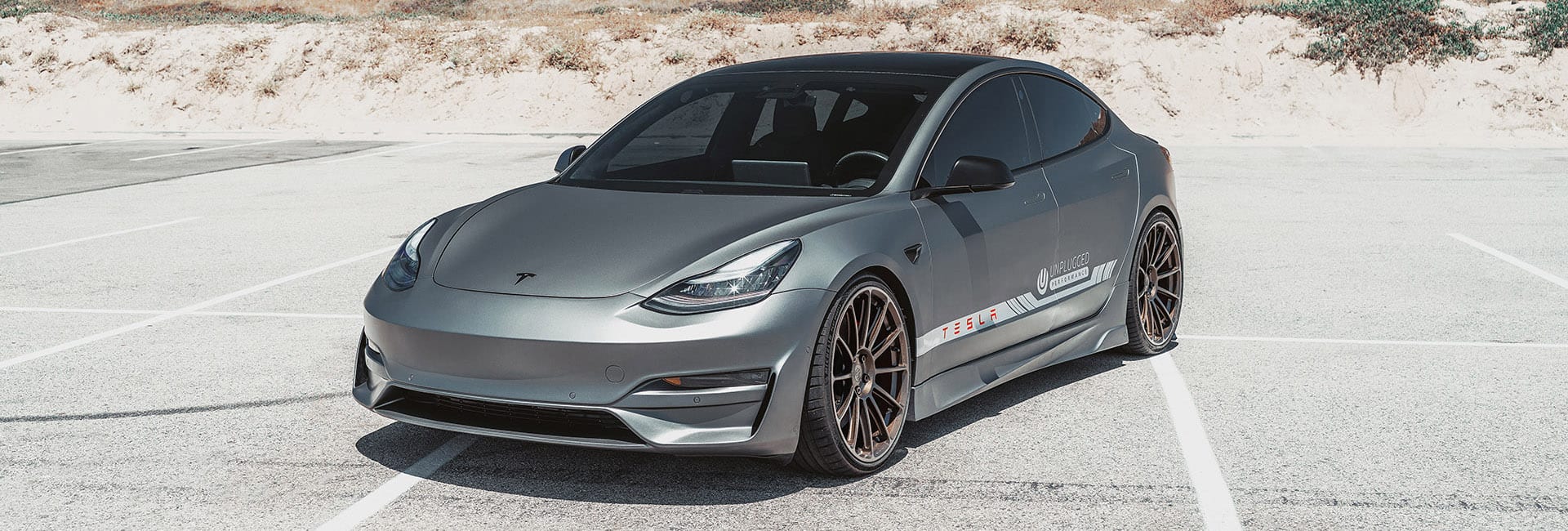 Matte Gray Unplugged Performance Tesla Model 3 Ascension Kit & UP-03 Forged Wheels