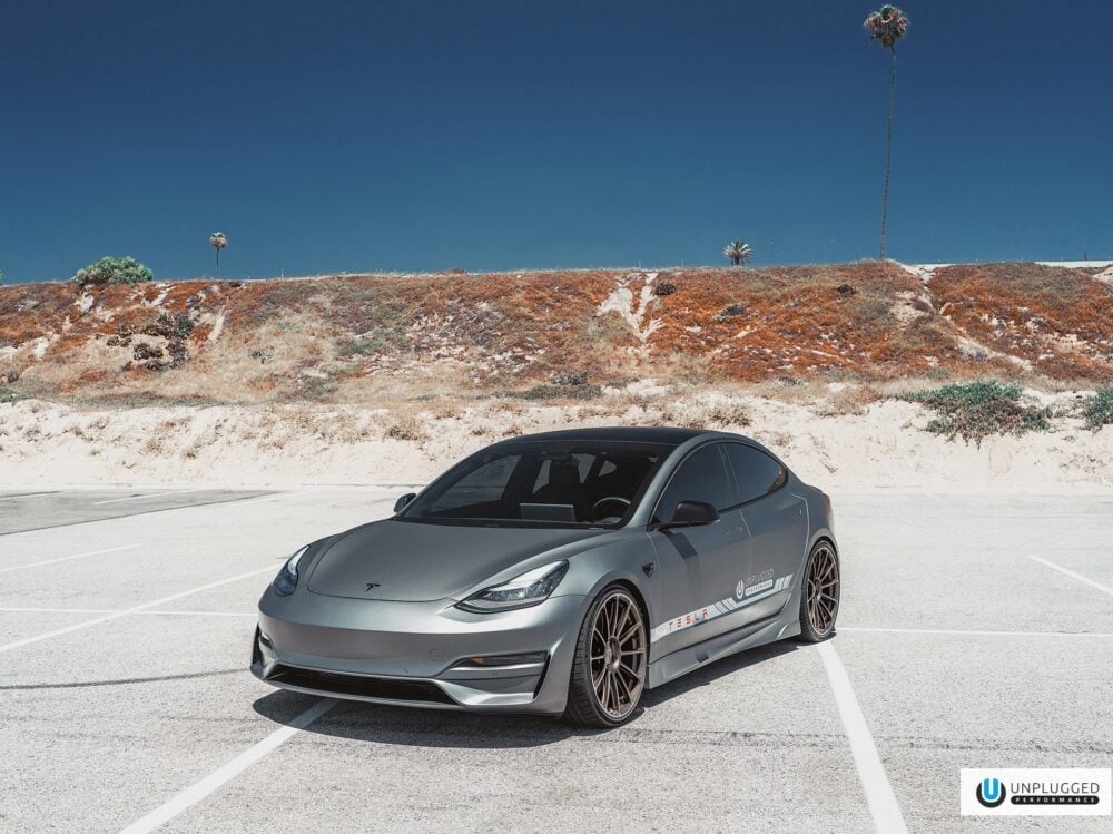 Matte Gray Unplugged Performance Tesla Model 3 Ascension Kit & UP-03 Forged Wheels