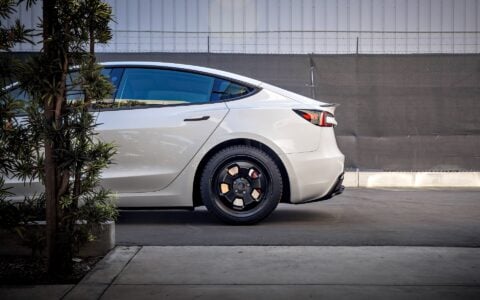 Pearl White Multi-Coat 2024 Tesla Model 3 Performance - UP.FIT Forged PD Wheels in Satin Black
