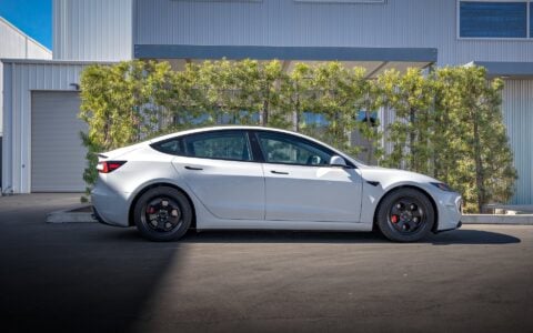 Pearl White Multi-Coat 2024 Tesla Model 3 Performance - UP.FIT Forged PD Wheels in Satin Black