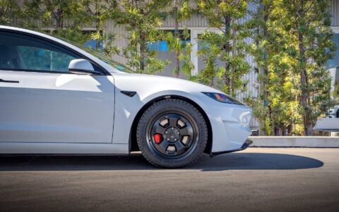 Pearl White Multi-Coat 2024 Tesla Model 3 Performance - UP.FIT Forged PD Wheels in Satin Black