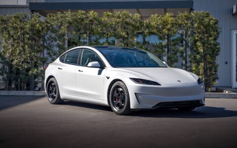 Pearl White Multi-Coat 2024 Tesla Model 3 Performance - UP.FIT Forged PD Wheels in Satin Black