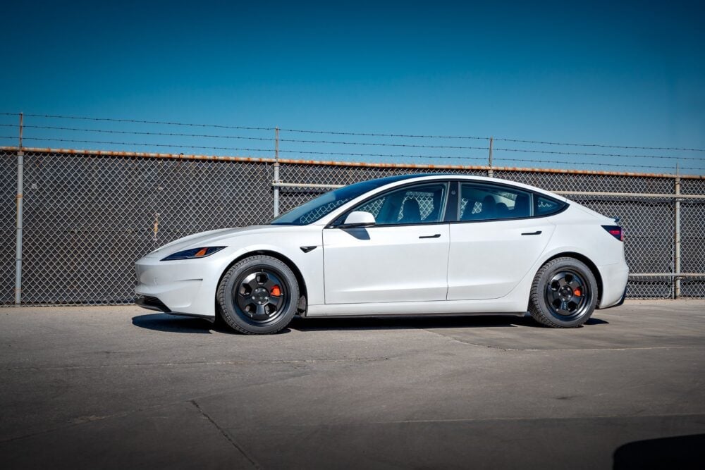 Pearl White Multi-Coat 2024 Tesla Model 3 Performance – UP.FIT Forged PD Wheels in Satin Black