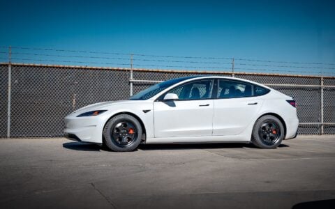 Pearl White Multi-Coat 2024 Tesla Model 3 Performance - UP.FIT Forged PD Wheels in Satin Black